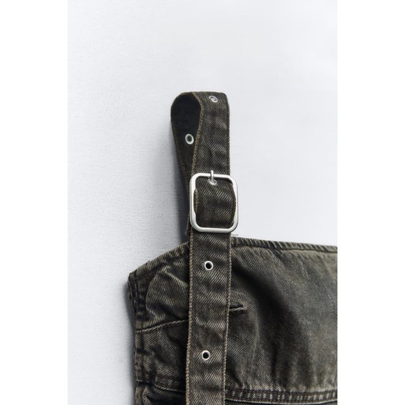 NWT TRF BUCKLED DENIM TOP, BLACK WASHED SMALL - Picture 8 of 11